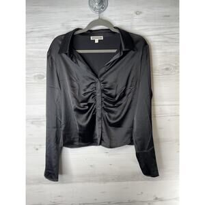 Pleione Shirt Womens XL Black Ruched Button Down Long Sleeve Stretch Dressy Top